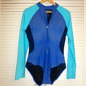 Coolibar Escalante High neck one piece zip up swimsuit UPF 50+ Large, Baja Blue
